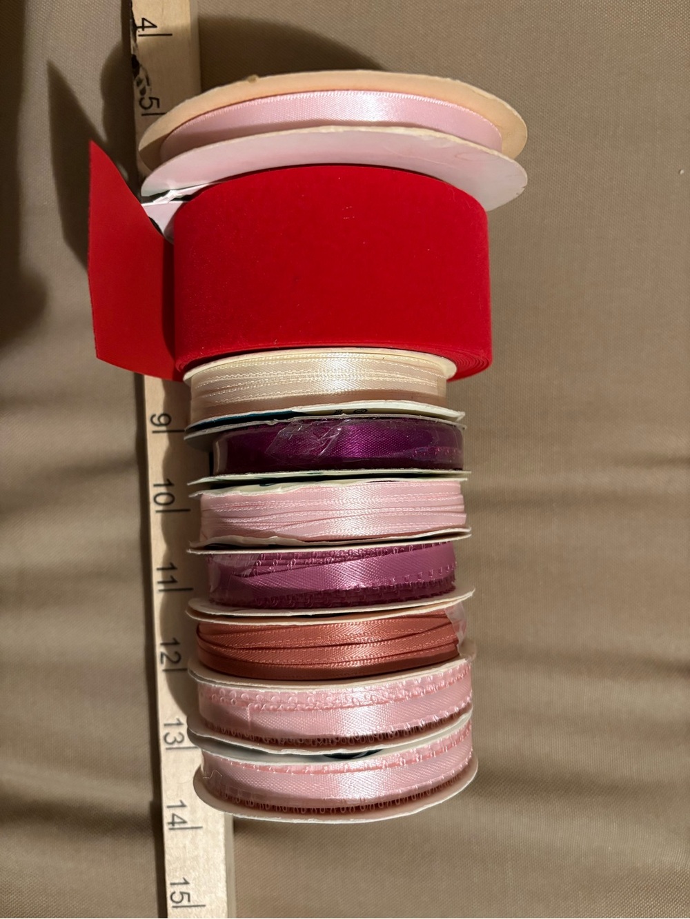 Assorted Pink, Red & Cream Ribbon Spool Set for Gift Wrapping. All is Used.